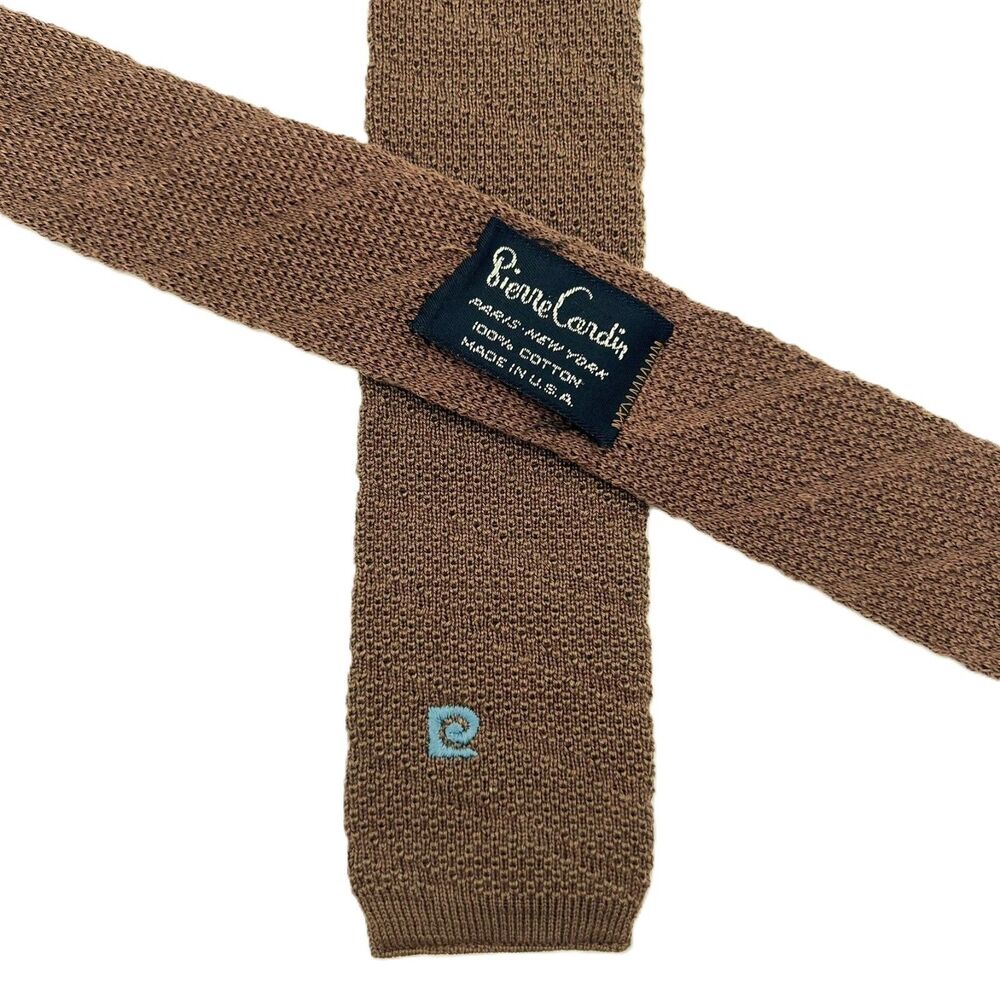 Vintage Pierre Cardin Knit Tie Brown Cotton Square End 80s Preppy USA Retro